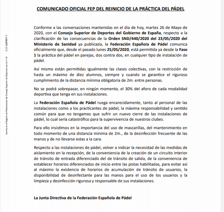 COMUNICADO OFICIAL FEDERACIÓN DE PADEL ESPAÑOLA